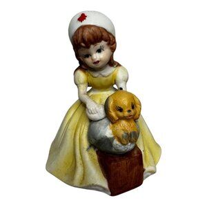 Vtg Napcoware Tiny Tots Nurse w/Puppy Figurine Yellow Dress Porcelain Korea 3in